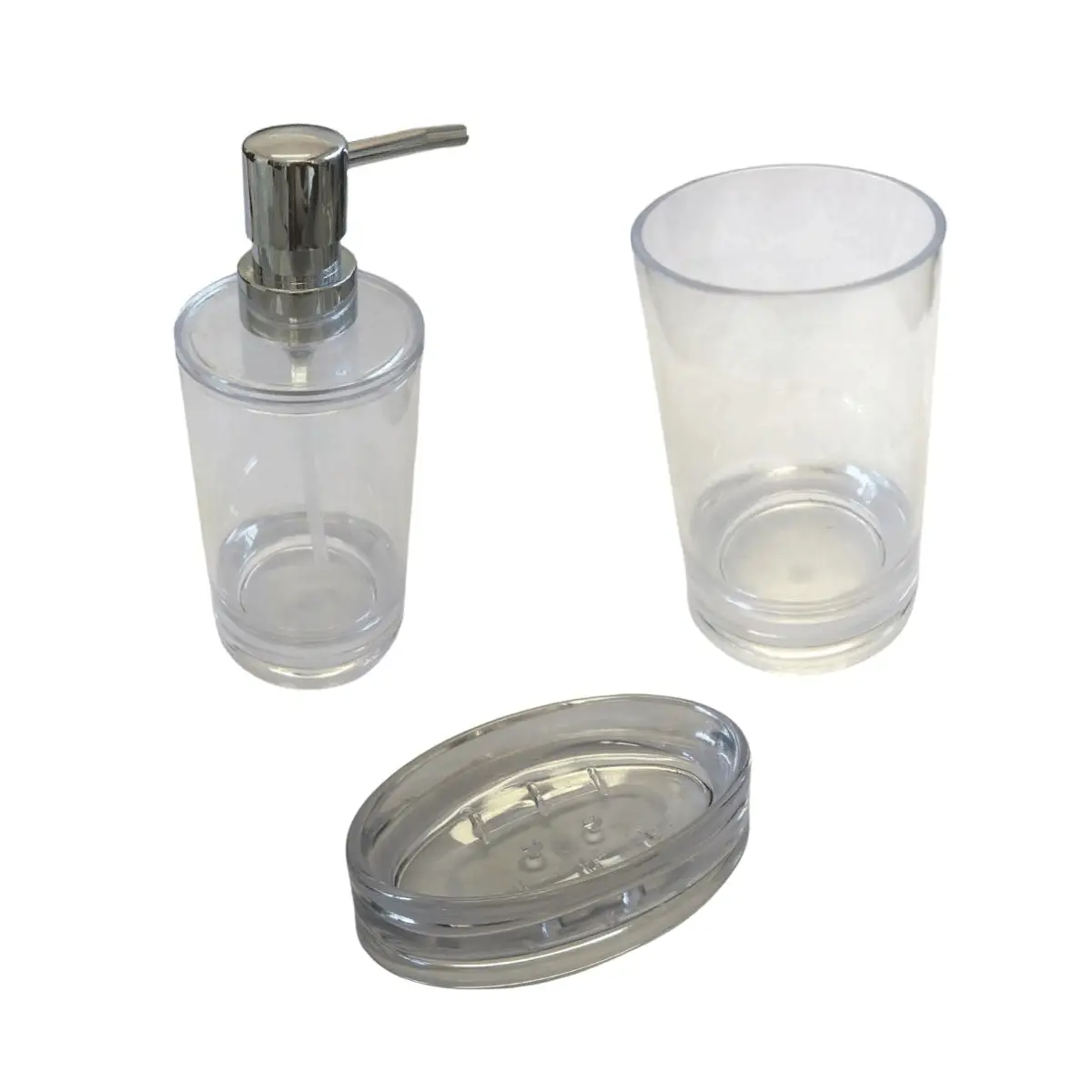 BUNGUIS SET JABONERA+DISPENSER+VASO PORTA CEPILLOS CRISTAL