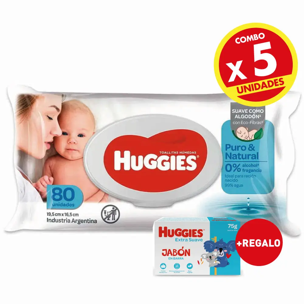 COMBO X5 HUGGIES TOALLAS HUMEDAS PURO&amp;NATURAL X80