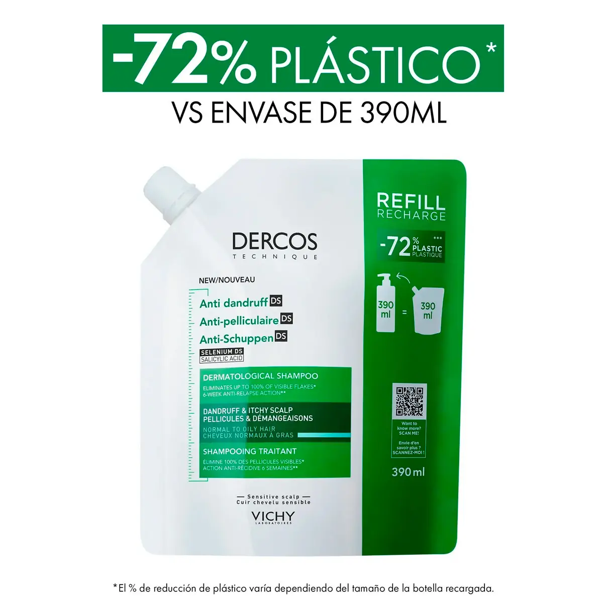 VICHY SHAMPOO DERCOS CASPA GRASA OILY REFILL X390
